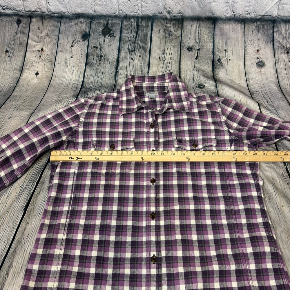 Women’s Carhartt Flannel Purple Grey Button Down Size Medium Workwear Outdoorsy - Picture 5 of 11